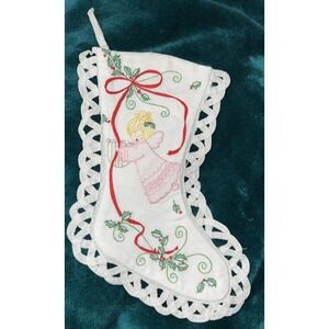 Vintage Battenberg Lace Angel Holly Christmas Small Stocking Embroidery Appliqué